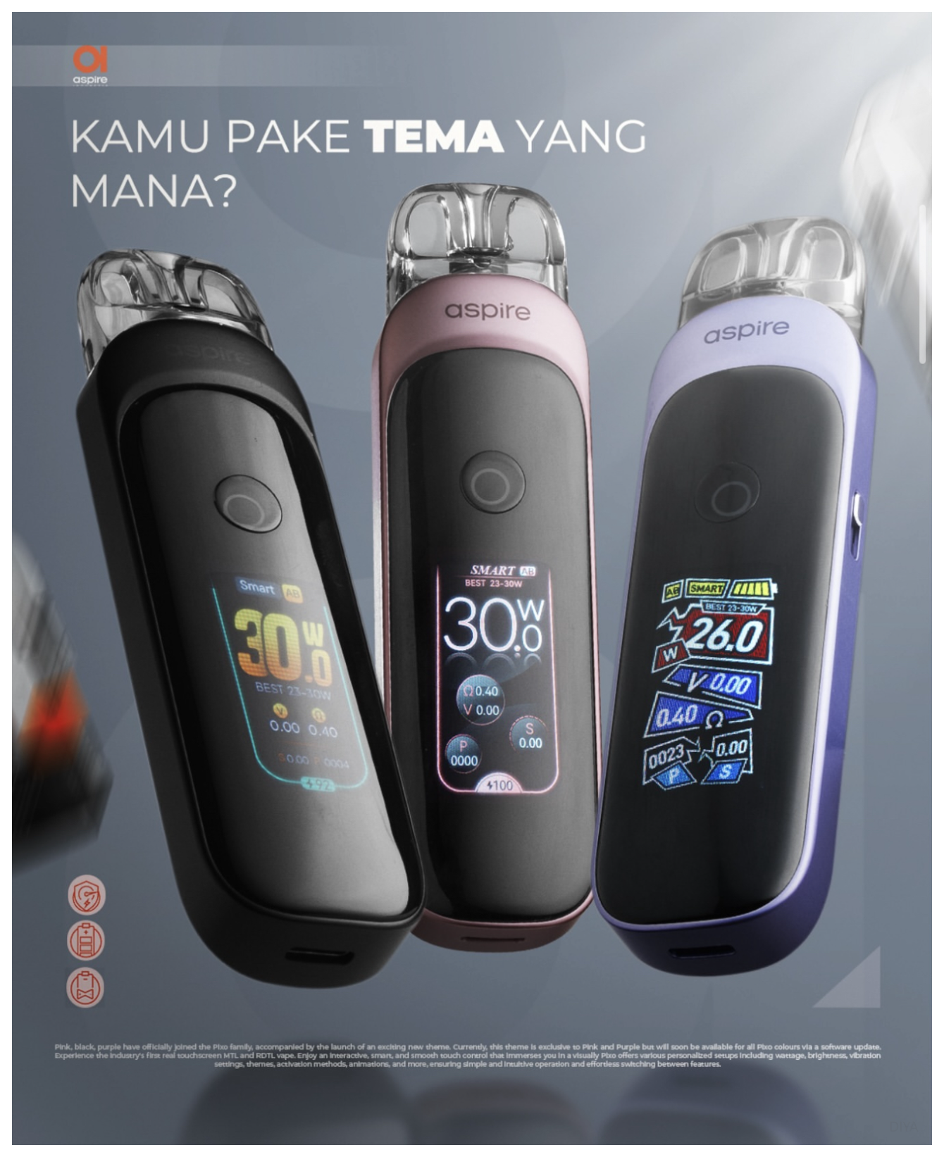 ASPIRE PIXO 30W霧克斯螢幕觸控電子煙主機空倉煙彈套裝